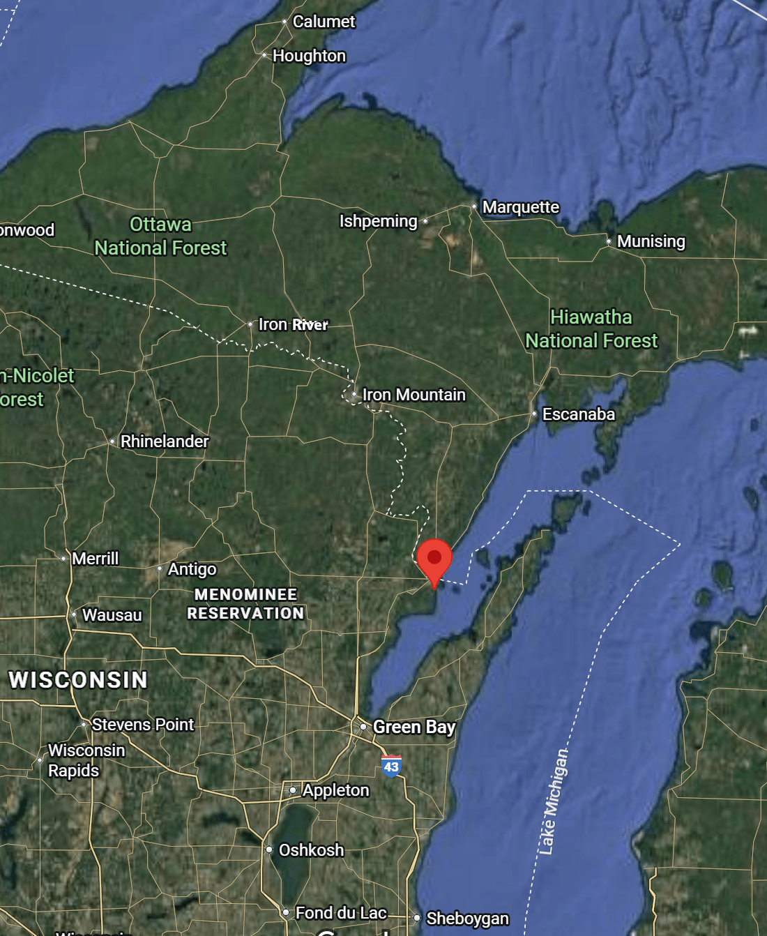 Map to Green Shutters Marinette Wisconsin AirBNB Cabin Rentals on Lake Michigan